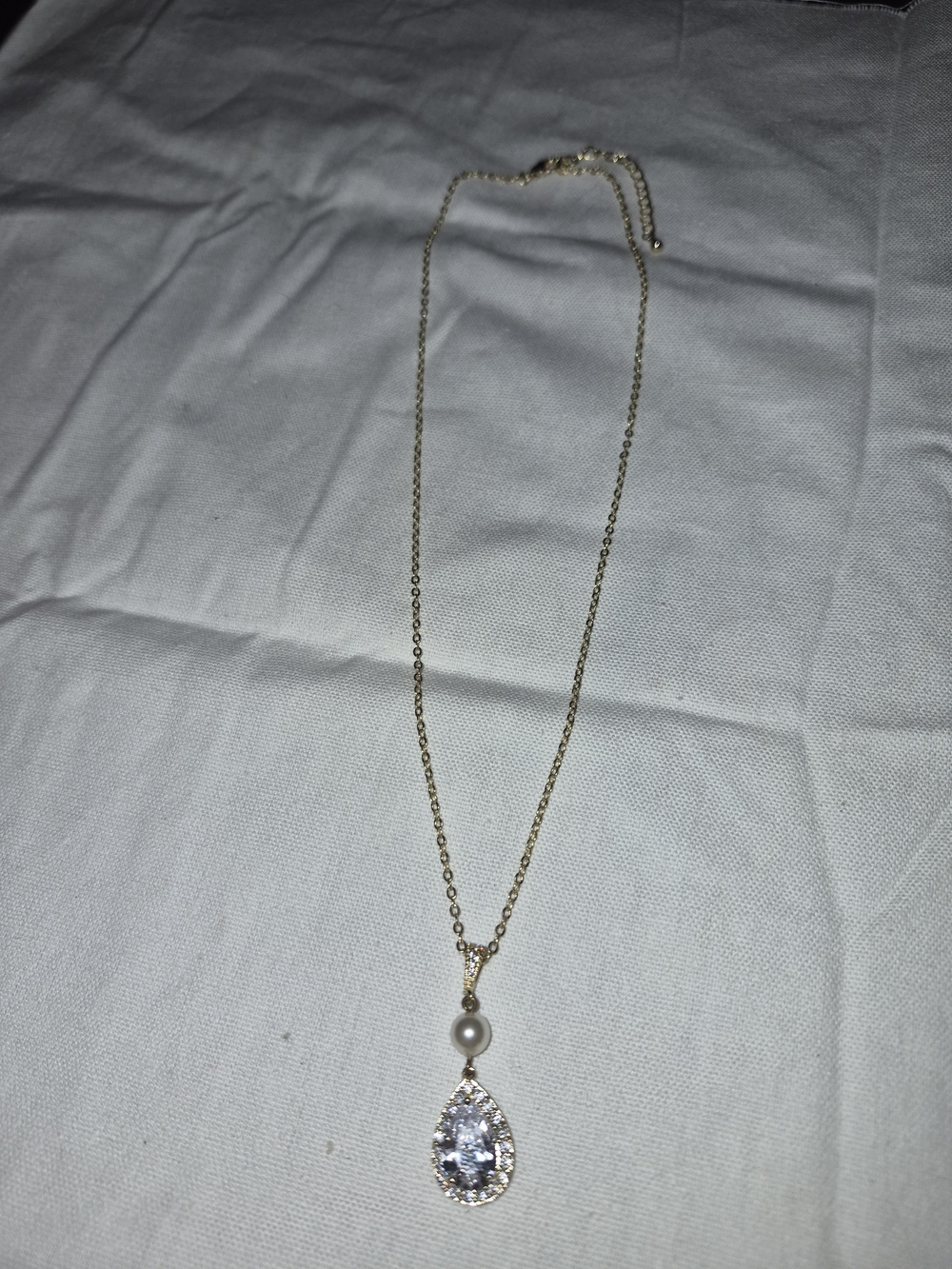Gold Pearl Necklace with Teardrop Crystal Accent